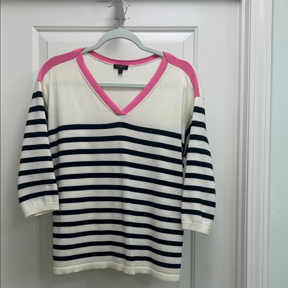 Talbots V-Neck 3/4 sleeve Sweater - Off white, Pink trim, Black stripes